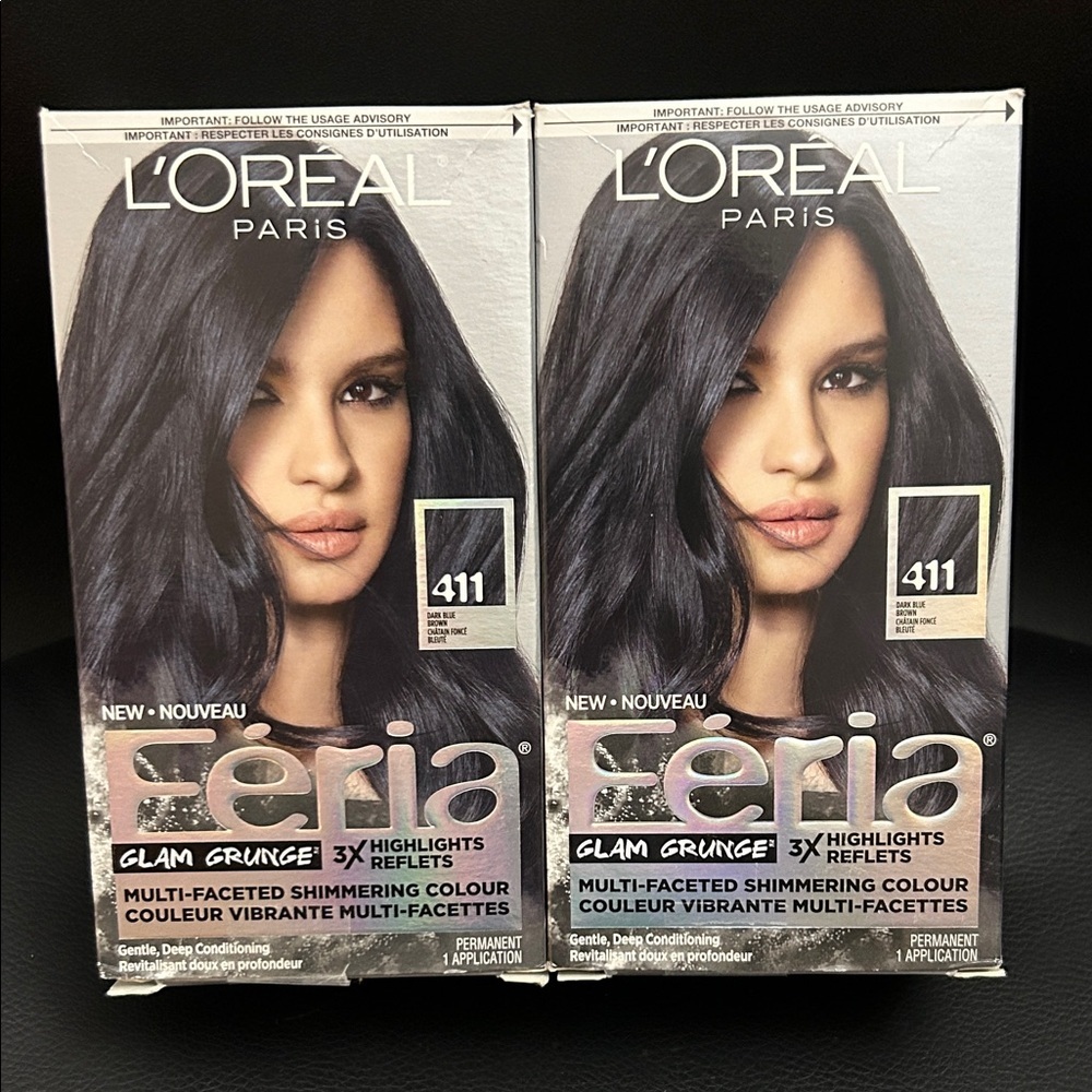 NEW 🆕 lot of two L'Oreal Feria Glam Grunge Hair Color 411 Dark Blue Brown